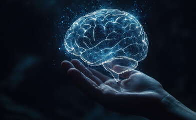 Poster - Human holding glowing polygonal brain in his hand