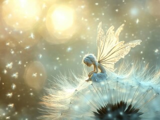 Canvas Print - A tiny fairy sitting on top of the dandelion seed, with wings, delicate and detailed