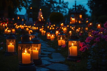 Wall Mural - Many lit candles illuminating a path in the garden at night