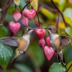 Canvas Print - Two hummingbirds interacting near heart-shaped flowers.