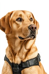 Service dog in training, isolated on white background, highlighting emotional support and special tasks