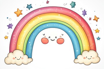 Wall Mural - Cute rainbow smiling between two happy clouds and stars background