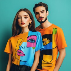 Two models wearing colorful graphic t-shirts against a blue background.