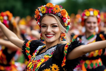 A traditional Latvian folk dance performance, with dancers in vibrant costumes celebrating their cultural heritage