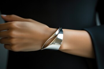 Woman wearing modern design silver bracelet on her wrist