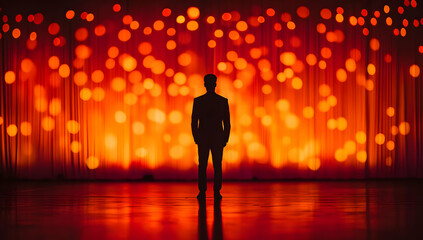Poster - Silhouette of a person standing against a vibrant orange backdrop, creating a dramatic and artistic atmosphere.