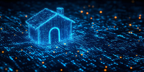 Poster - This digital illustration depicts a glowing blue house in a matrix-like environment, symbolizing smart home technology.