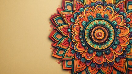 Leinwandbilder - 3D mandala with colorful, kaleidoscopic Indian patterns, leaving ample room for text on a neutral background.