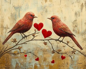 Canvas Print - Two red birds on a branch with hearts, symbolizing love.