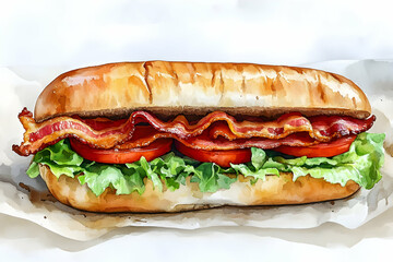 A delicious sandwich featuring crispy bacon, fresh lettuce, and ripe tomatoes on a toasted bun, inviting and appetizing.