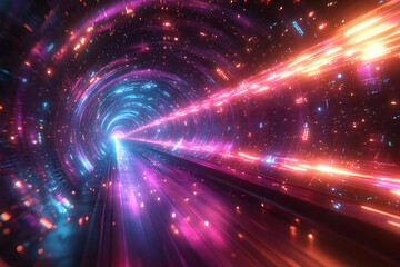 Poster - A vibrant tunnel of light showcasing colorful beams racing through a cosmic space, creating a sense of motion and depth.