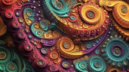 Aufkleber - Indian-inspired psychedelic 3D fractal art in vibrant colors, with plenty of space for copy on a neutral background.