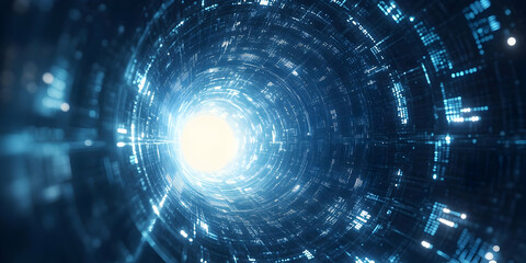 Poster - A captivating futuristic tunnel illuminated by bright blue light, showcasing a mesmerizing digital landscape and technology theme.