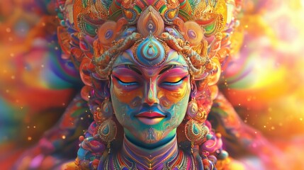 Psychedelic 3D rendering of an abstract Indian deity surrounded by vibrant colors, with ample space for copy