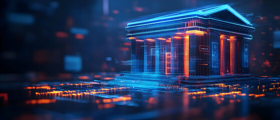 Poster - A futuristic digital bank building illuminated by neon lights, representing technology and finance in a modern world.