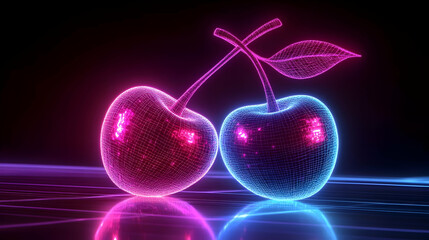 Poster - Vibrant neon cherries with glowing effects in a futuristic setting, perfect for modern artwork and digital design.
