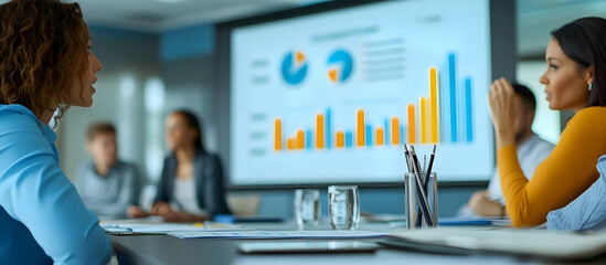 Poster - Business professionals engaged in a meeting with data presentation. Charts and graphs displayed on a screen enhance the discussion.