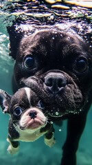 Mother dog swimming with her puppy in crystal clear water, releasing air bubbles, gond, wallpaper, cover and screen of smartphone, pc, laptop, format 9:16 and 16: 9
