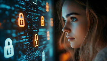Poster - A focused woman gazing at a digital screen with security locks, symbolizing cybersecurity and technological awareness.