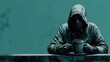© Khukrit - Hooded Figure Disguised as Coffee Shop Patron in Teal Minimalistic Scene