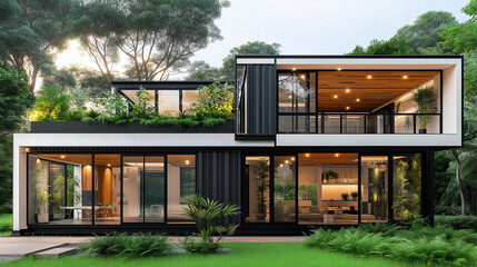 Wall Mural -  two-story modern container house with glass windows, white outer walls, black frames, balcony railings, plants on the first floor, trees and shade outside,