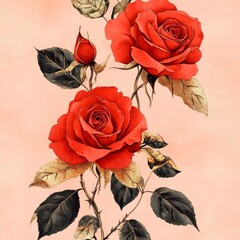 Sticker - Two vibrant red roses with green leaves on a soft background.