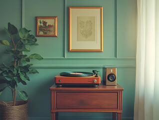 a cozy vintage corner featuring a turntable, framed art, and a potted plant against a stylish green 