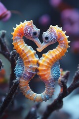 Poster - Two vibrant seahorses entwined in a coral environment.