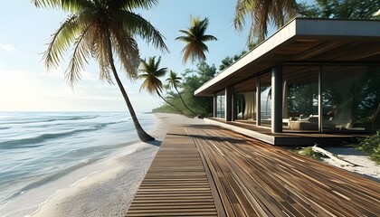 Tropical beachfront villa with wooden deck, sandy shoreline, and swaying palm trees under a bright blue sky