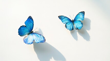 Wall Mural - Two blue butterflies fly side by side against a pristine white backdrop A single blue butterfly's cast shadow graces the left side A solitary blue butterfly