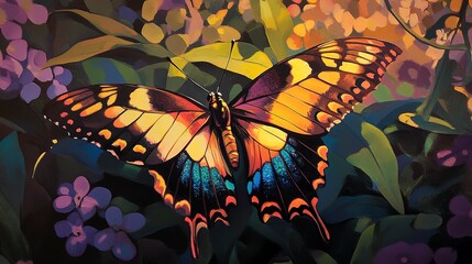 Wall Mural - Radiant butterfly with iridescent wings settles among garden foliage, its shadow painting patterns. 3