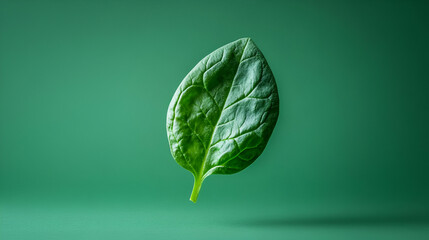 A vibrant green leaf floating against a minimalist background, symbolizing freshness, nature, and healthy living.