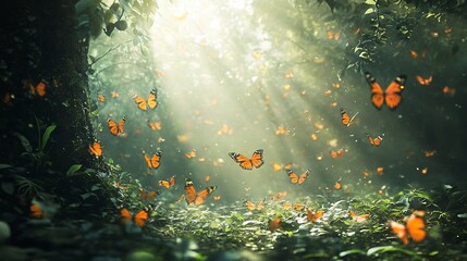 Wall Mural - a forest with many butterflies flying around