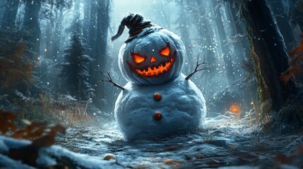 Wall Mural - A menacing snowman with a pumpkin face stands in a snowy forest.