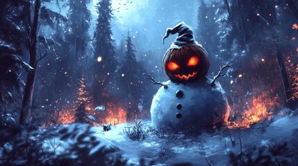 Wall Mural - A menacing snowman with a pumpkin head stands in a snowy forest with a fire burning in the background.