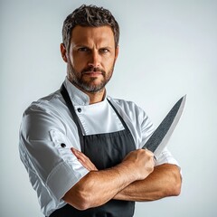 Wall Mural - Male chef in apron holding a kitchen knife studio background bright white clean and professional