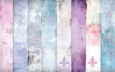 A collage of classic French patterns like rococo swirls and fleur-de-lis symbols, set against faded, textured backdrops with soft pastel tones