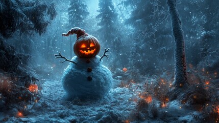 Wall Mural - A spooky snowman with a jack-o-lantern head in a snow-covered forest.