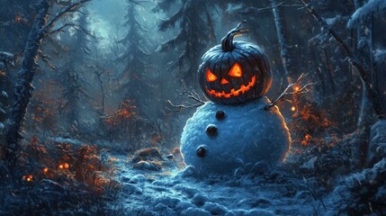 Wall Mural - A spooky snowman with a jack-o-lantern head stands in a dark forest.