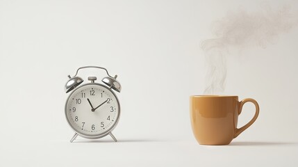 Steaming coffee cup and a retro alarm clock side by side, captured on a white studio backdrop, representing early morning rituals and caffeine's energizing effects.