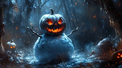 Wall Mural - A spooky snowman with a jack-o-lantern head stands in a wintery forest.