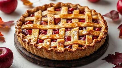 Apple pie decorated with lattice overhead shot, fall baking concept