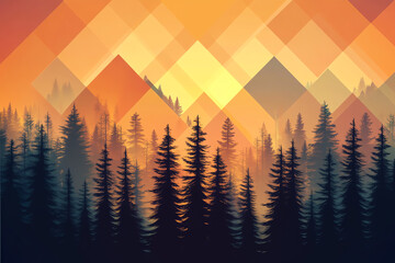 Geometric forest silhouettes with hiking trails in an abstract vector background, rich earthy tones and smooth gradients, modern and serene outdoor theme