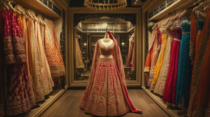 Vibrant and intricately designed bridal lehengas are displayed in a luxury boutique, highlighting the opulence, tradition, and elegance of Indian weddings.