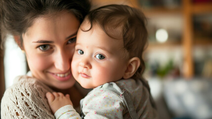 Young mother embracing baby indoors, smiling joyfully.