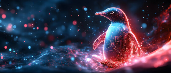 Poster - A mesmerizing digital artwork of a glowing penguin against a vibrant, abstract background, combining colors and light.