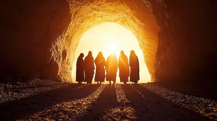 The women disciples meeting an angel at the tomb, vibrant light surrounding them, symbolizing the announcement of resurrection