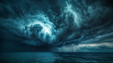 Poster - A dramatic image of a powerful storm brewing over the ocean, with dark, swirling clouds and lightning striking in the distance, capturing the intensity of the weather.