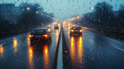 Aufkleber - A dramatic scene of a rain-soaked expressway with reflective road surfaces and headlights creating glistening patterns, highlighting the challenging driving conditions.