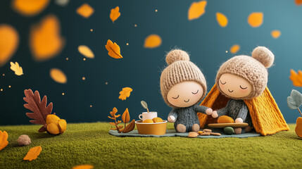 Two adorable little doll figures made of felt, wool, and yarn with knitted elements and embroidery have an autumn picnic in the park on a grassy field next to their tent, surrounded by colorful leaves